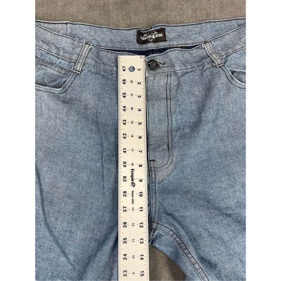 Moto Biker Jeans Mens 44‎ BluebLight Wash Straight Leg Distressed Stitch Detail - Picture 6 of 11
